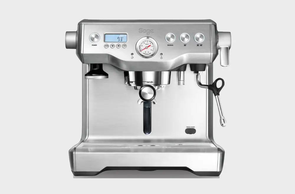 Sage Dual Boiler espresso machine, a high-end stainless steel coffee maker for home baristas.
