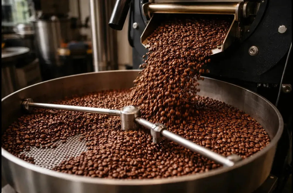 Coffee beans being roasted in a large industrial drum roaster at a UK slot roasting facility