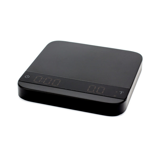 Side angle view of the Acaia Lunar espresso scale in black, featuring a sleek minimalist design with digital display panel.