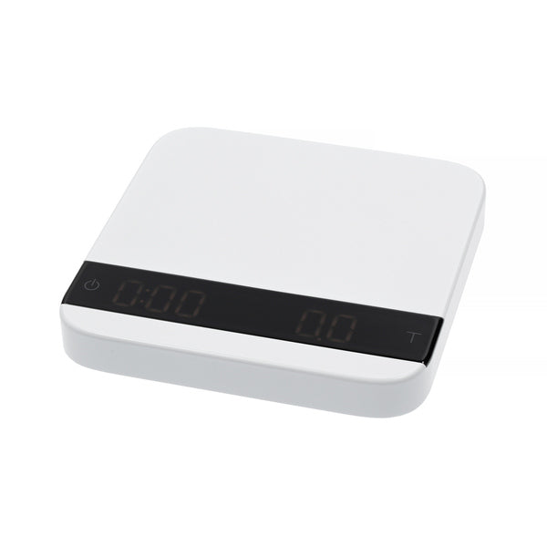 Side angle view of the Acaia Lunar espresso scale in white, featuring a sleek minimalist design with digital display panel.