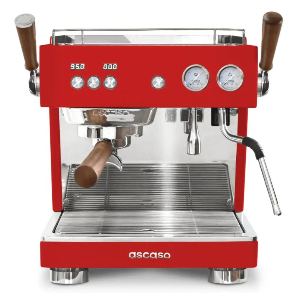 Front view of the Ascaso Baby T Plus espresso machine in red with wooden handles, dual gauges, and polished metal finish, ideal for professional coffee setups.