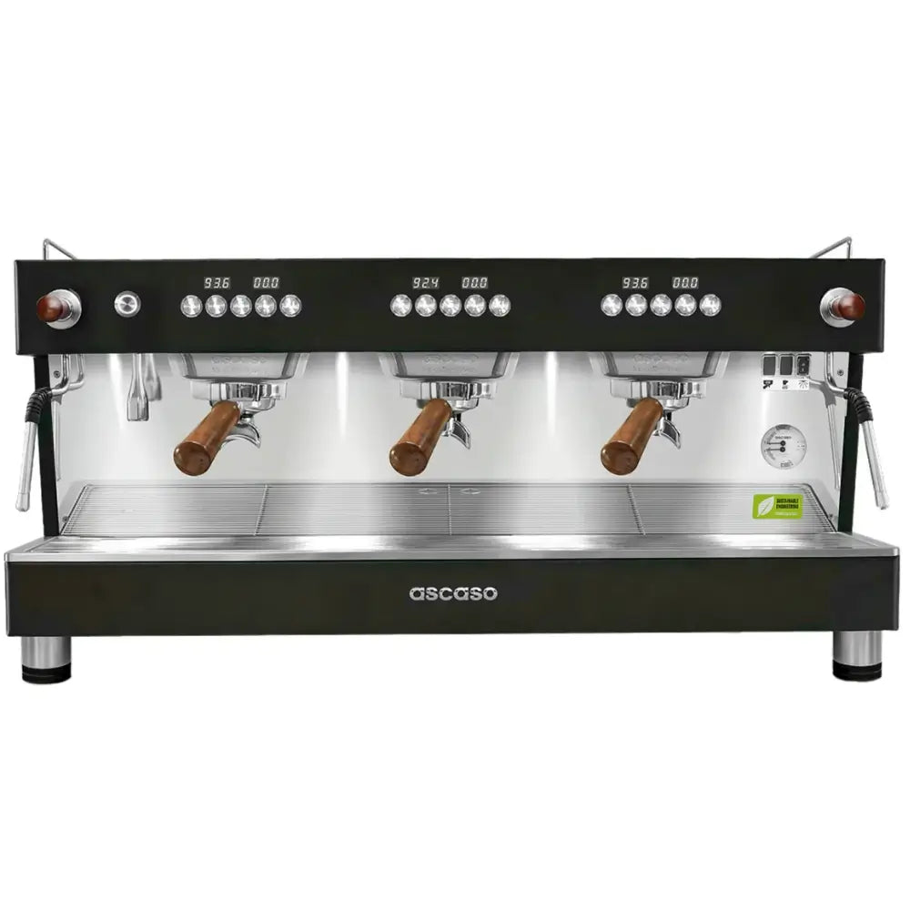 Front view of the Ascaso Barista T One 3-group espresso machine in black with joystick and dual steam wands, designed for professional coffee brewing.