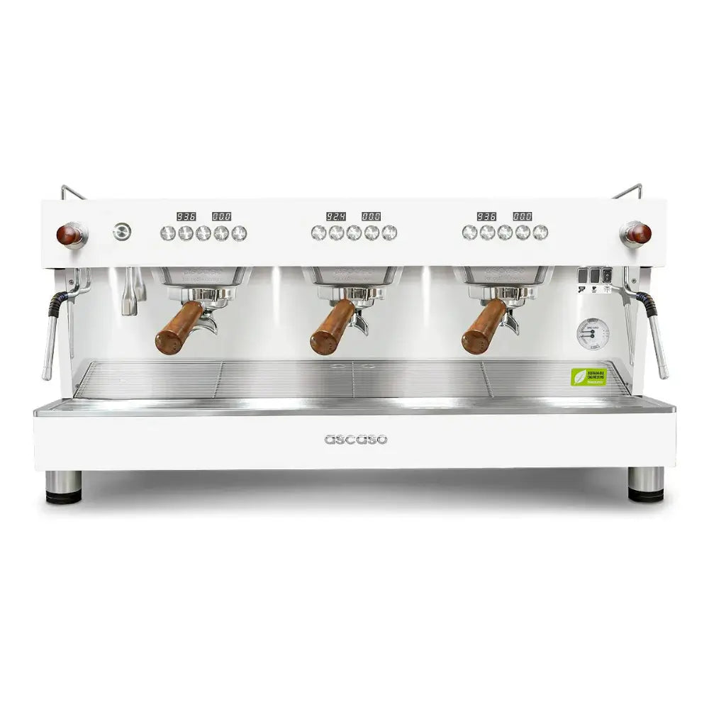 Front view of the Ascaso Barista T One 3-group espresso machine in white with joystick and dual steam wands, designed for professional coffee brewing.