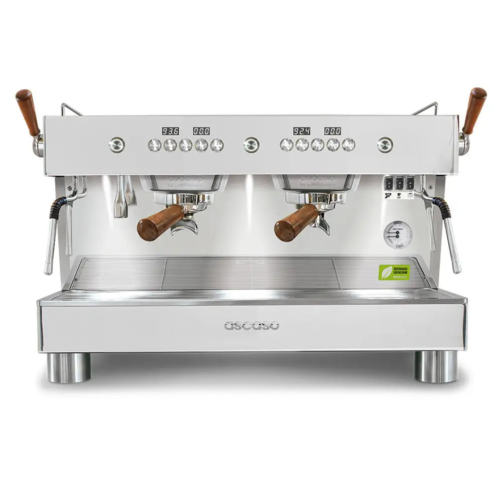Front view of the Ascaso Barista T Plus 2 group espresso machine in silver with dual wooden-handled portafilters and stainless steel finish.
