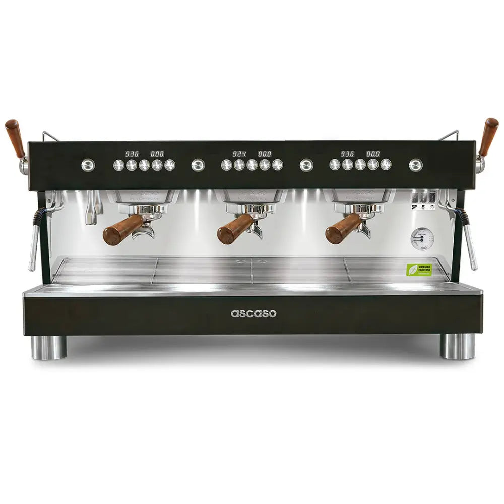 Front view of the Ascaso Barista T Plus 3-group espresso machine in black with dual wooden-handled portafilters and stainless steel finish.