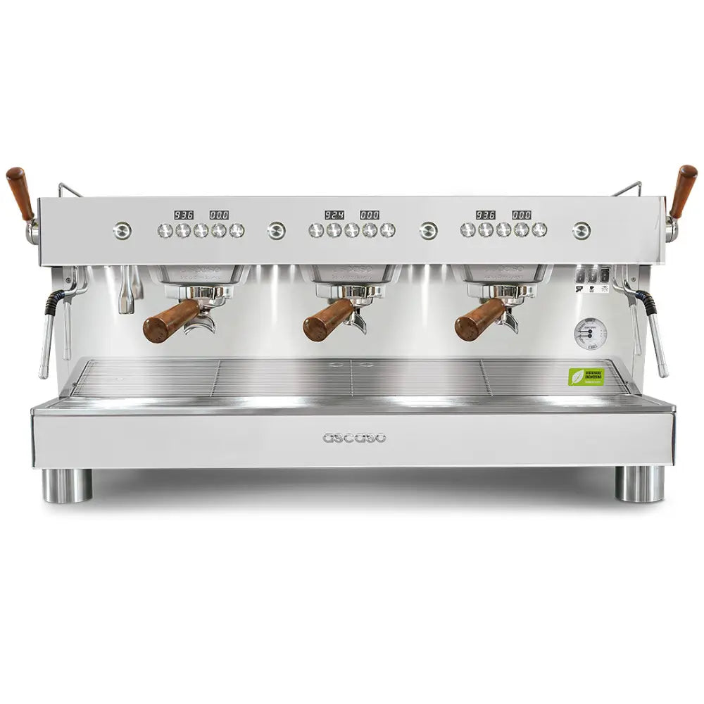 Front view of the Ascaso Barista T Plus 3-group espresso machine in silver with dual wooden-handled portafilters and stainless steel finish.