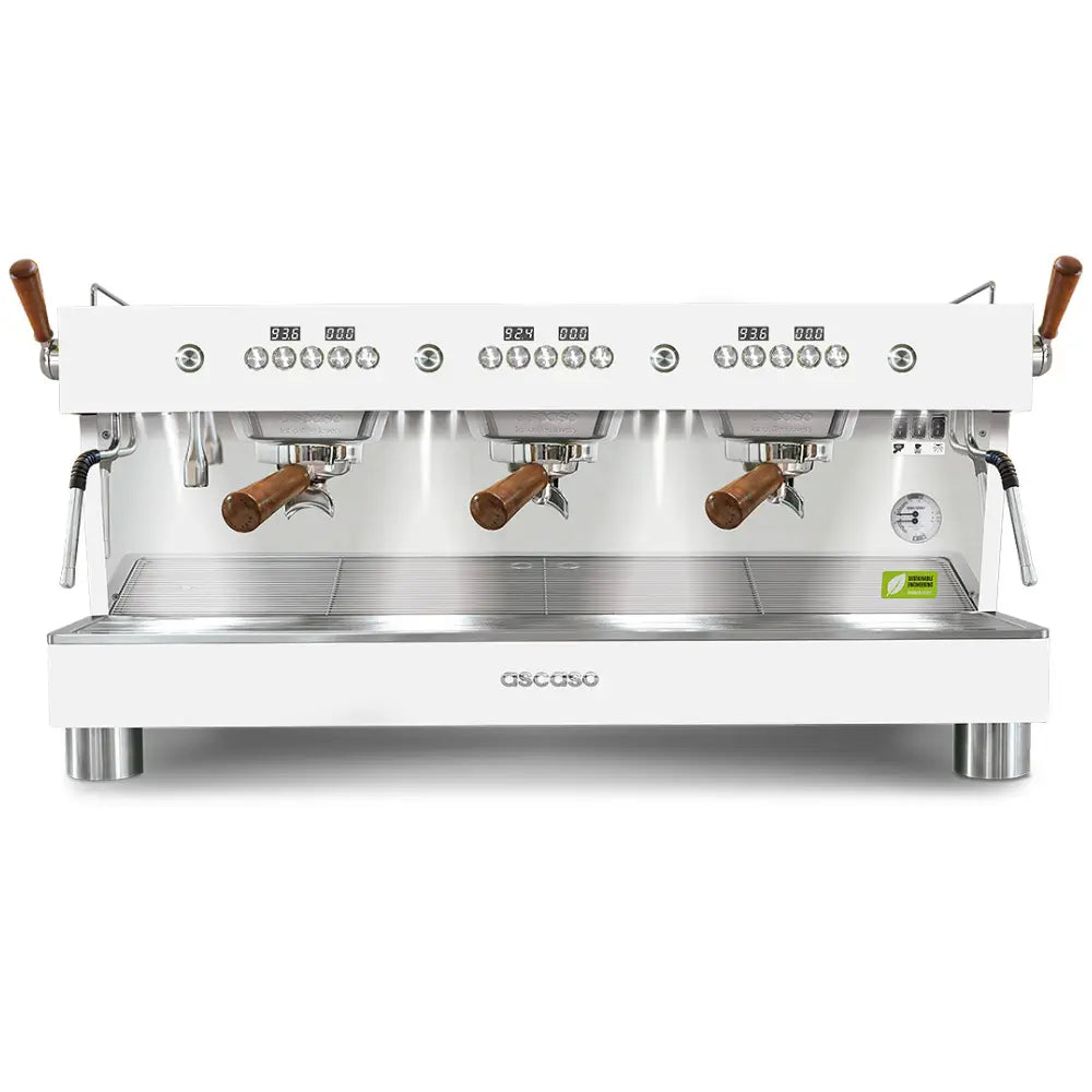 Front view of the Ascaso Barista T Plus 3-group espresso machine in white with dual wooden-handled portafilters and stainless steel finish.