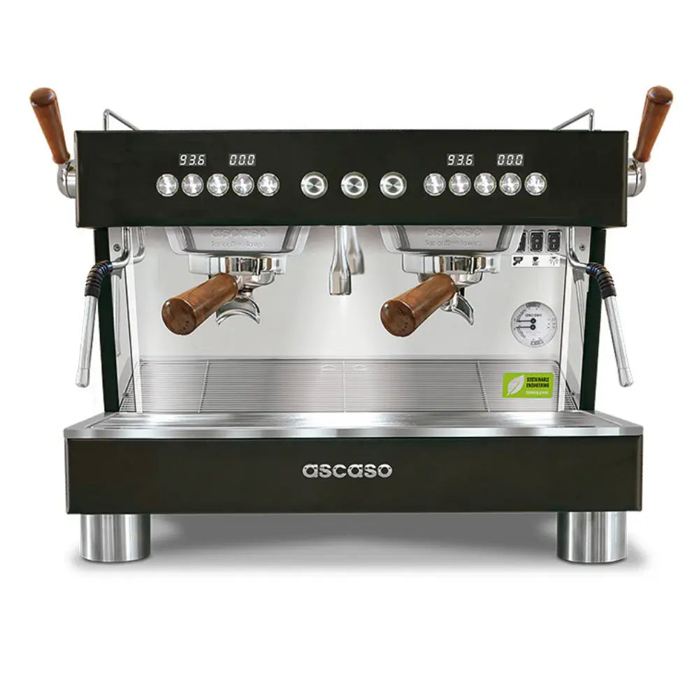 Front view of the Ascaso Barista T Plus 2 group compact espresso machine in black with dual wooden-handled portafilters and stainless steel finish.