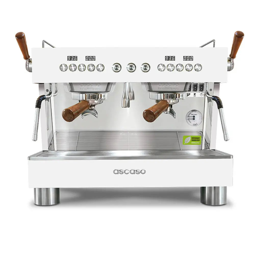 Front view of the Ascaso Barista T Plus 2 group compact espresso machine in white with dual wooden-handled portafilters and stainless steel finish.