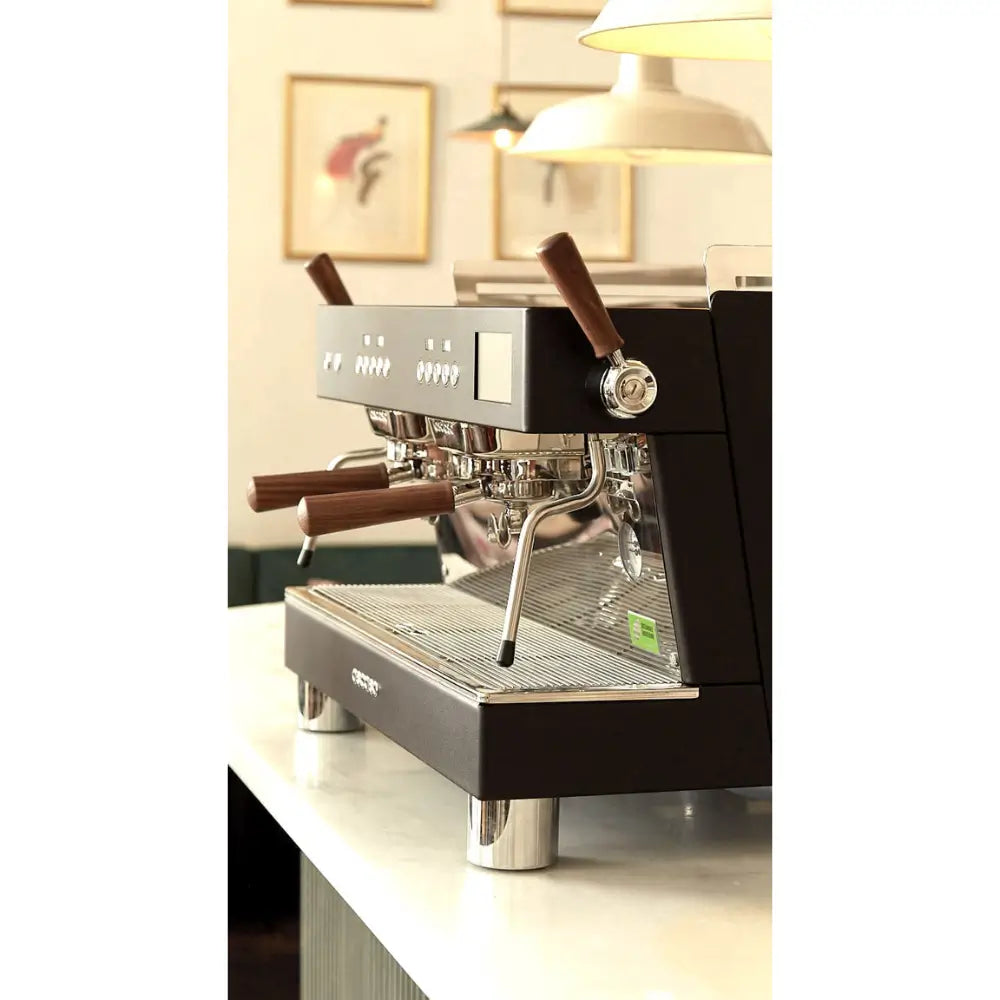 Side view of the Ascaso Barista T Pro 2 Group commercial espresso machine with dual portafilters and wooden handles on a café counter.