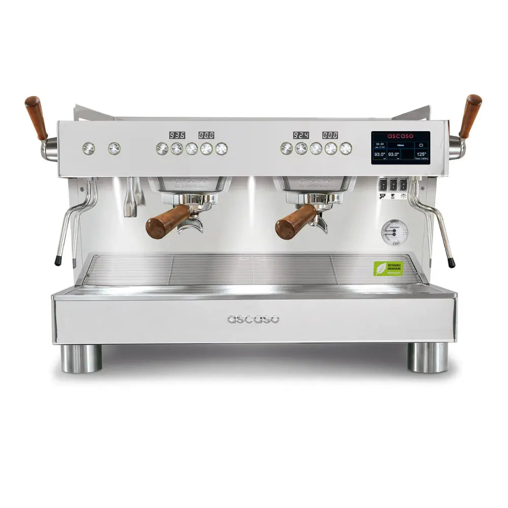 Front view of the Ascaso Barista T Pro 2 group espresso machine in silver with portafilter and digital displays.