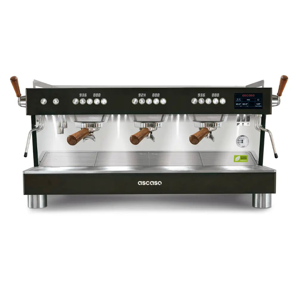 Front view of the Ascaso Barista T Pro 3 group espresso machine in black with portafilter and digital displays.