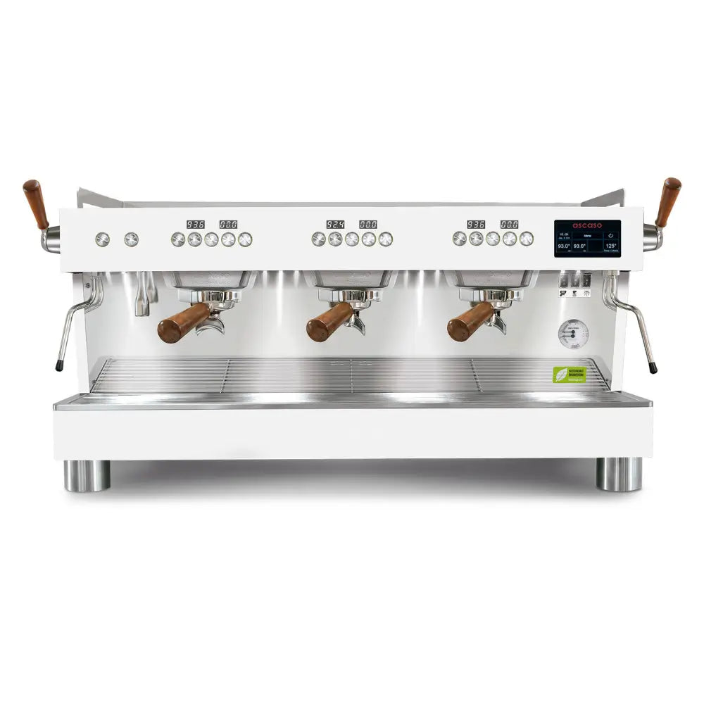 Front view of the Ascaso Barista T Pro 3 group espresso machine in white with portafilter and digital displays.