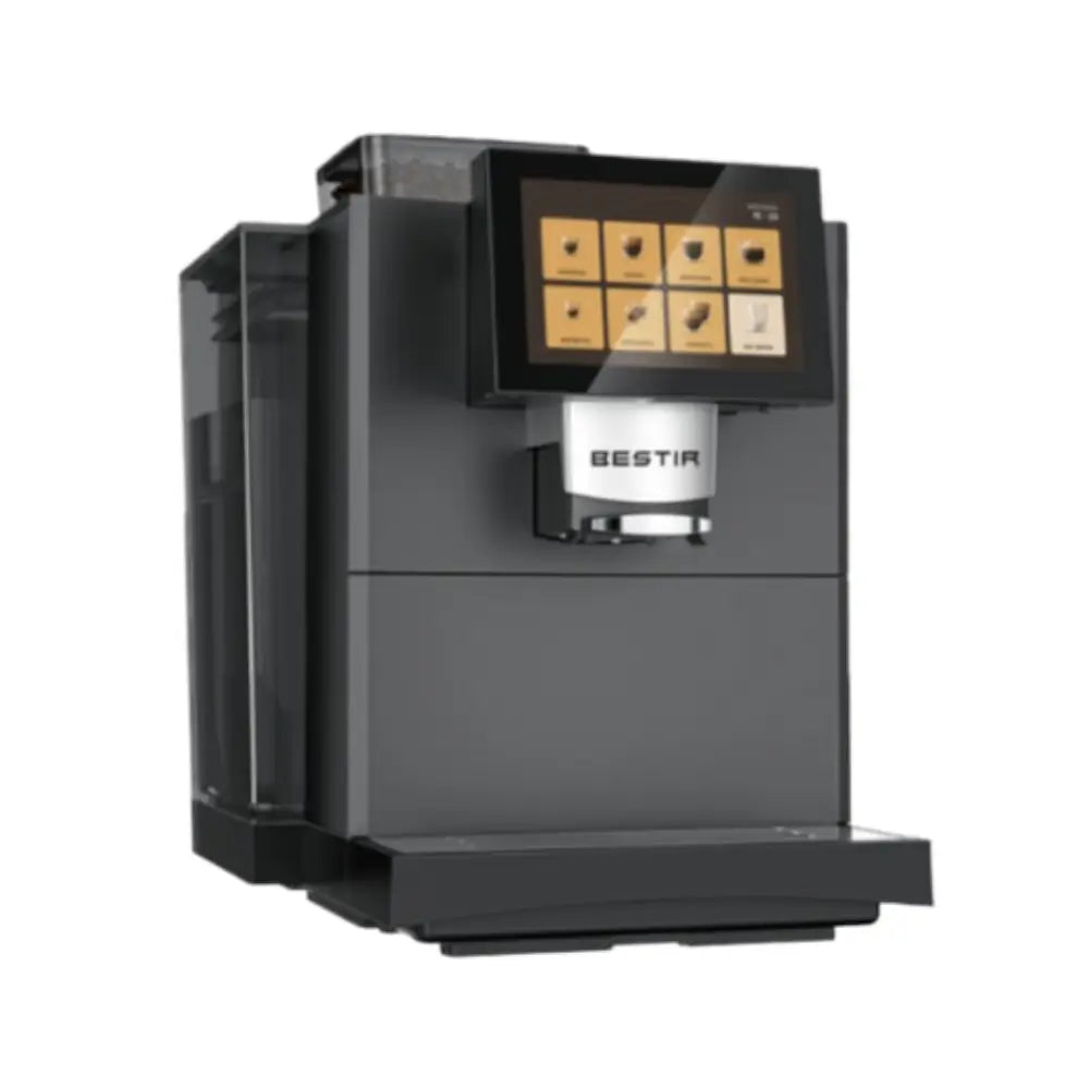 Front view of Bestir BM40 bean-to-cup coffee machine with touchscreen display.