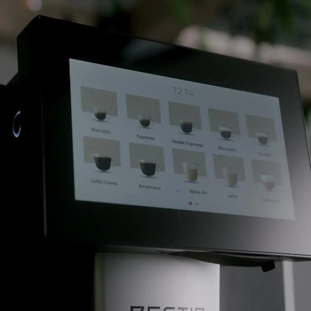 Touchscreen display of Bestir BM40 coffee machine showing multiple drink options.