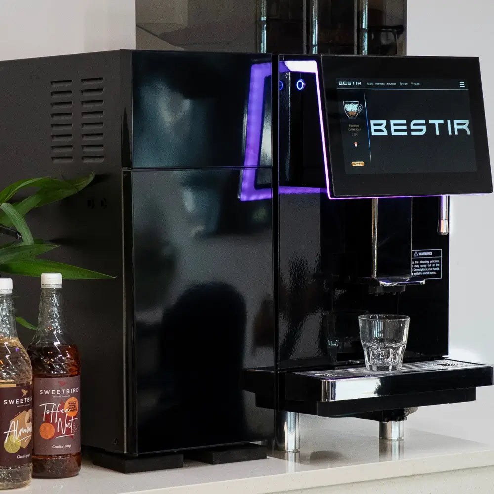 Close-up of Bestir BMC300 coffee machine touchscreen with illuminated display