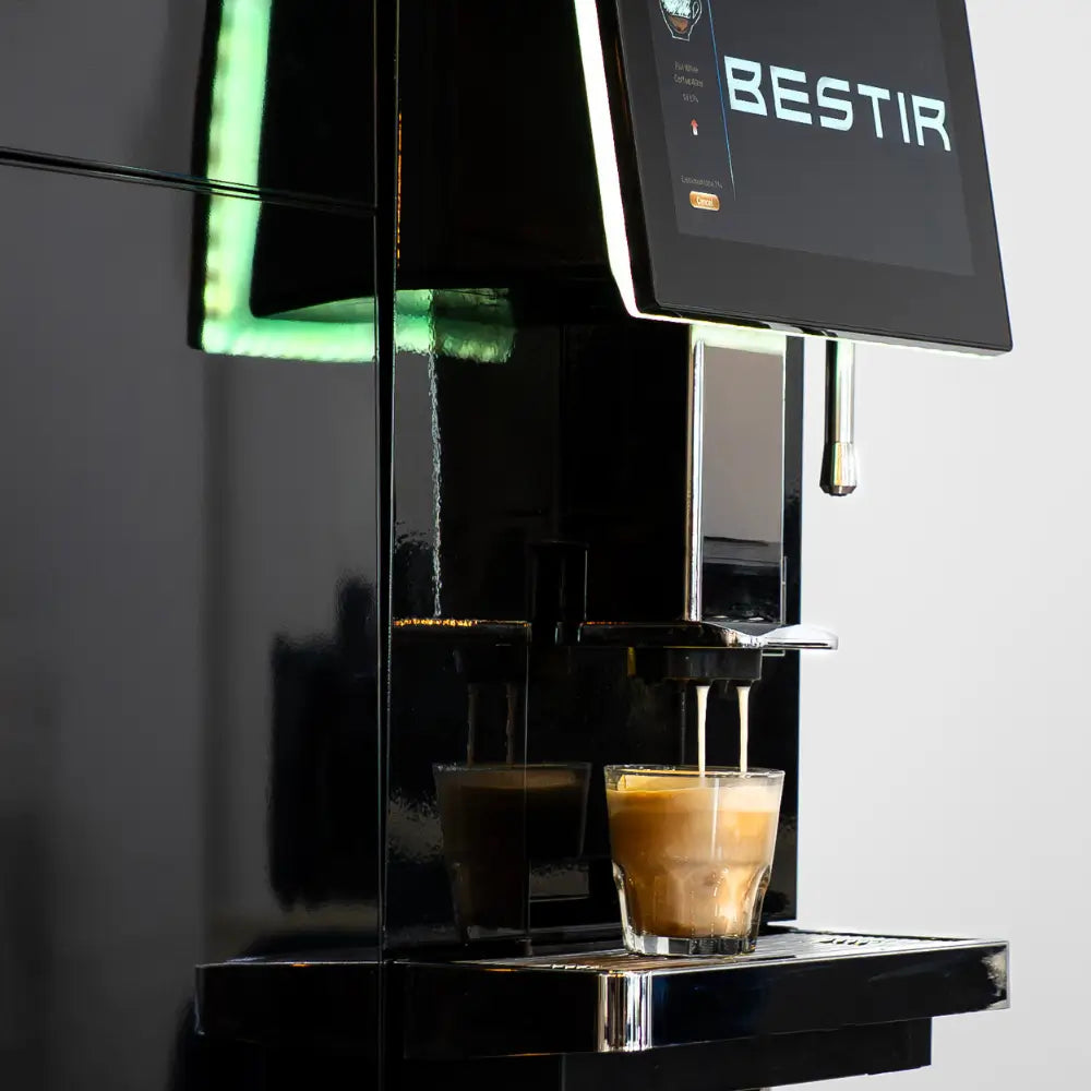 Bestir BMC300 commercial coffee machine pouring espresso into glass cup