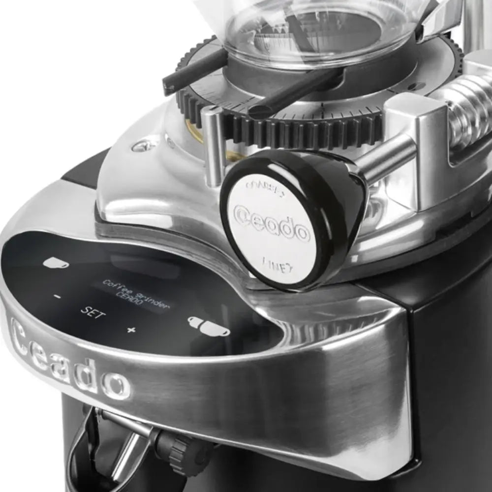 Close-up detail of the Ceado E37K Quick Set worm gear adjustment knob and digital touch display interface.