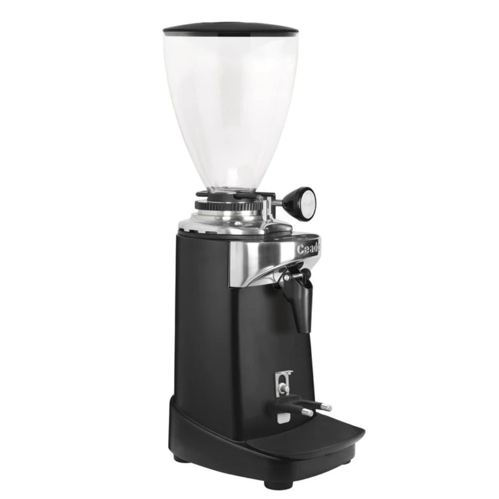 Front angled view of the black Ceado E37T electronic coffee grinder with digital touchscreen and hands-free portafilter holder.