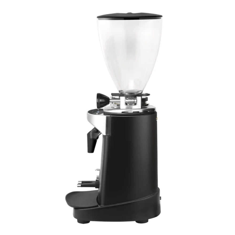 Side angled view of the black Ceado E37T electronic coffee grinder with digital touchscreen and hands-free portafilter holder.