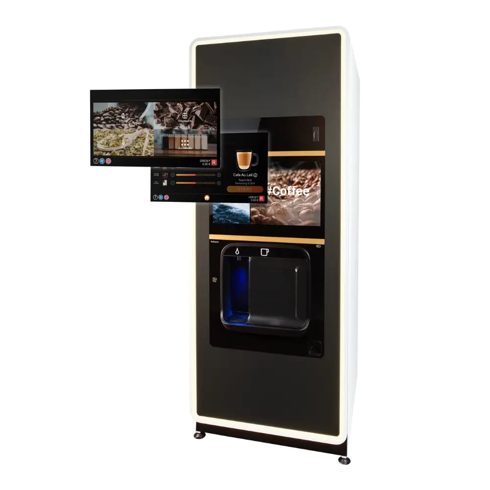 Front view of the Coffetek Neo Q coffee vending machine displaying its interactive touch screen menu for both hot drinks and water.