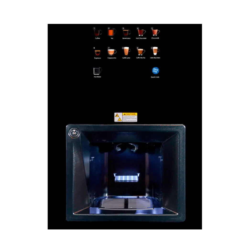 Close-up of the Coffetek Neo touch selection panel displaying drink options including espresso, tea, and hot chocolate above the illuminated dispense area.