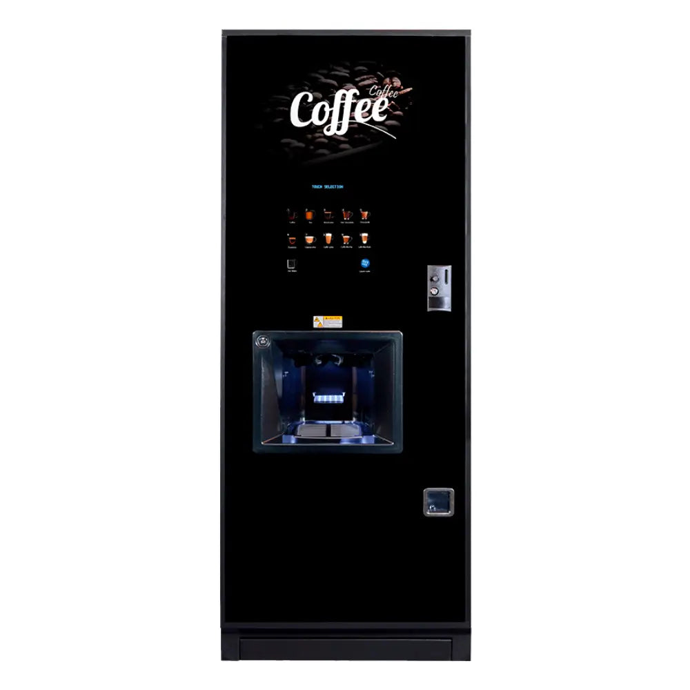 Front view of the Coffetek Neo hot drinks vending machine featuring a backlit coffee graphic and touch selection interface.