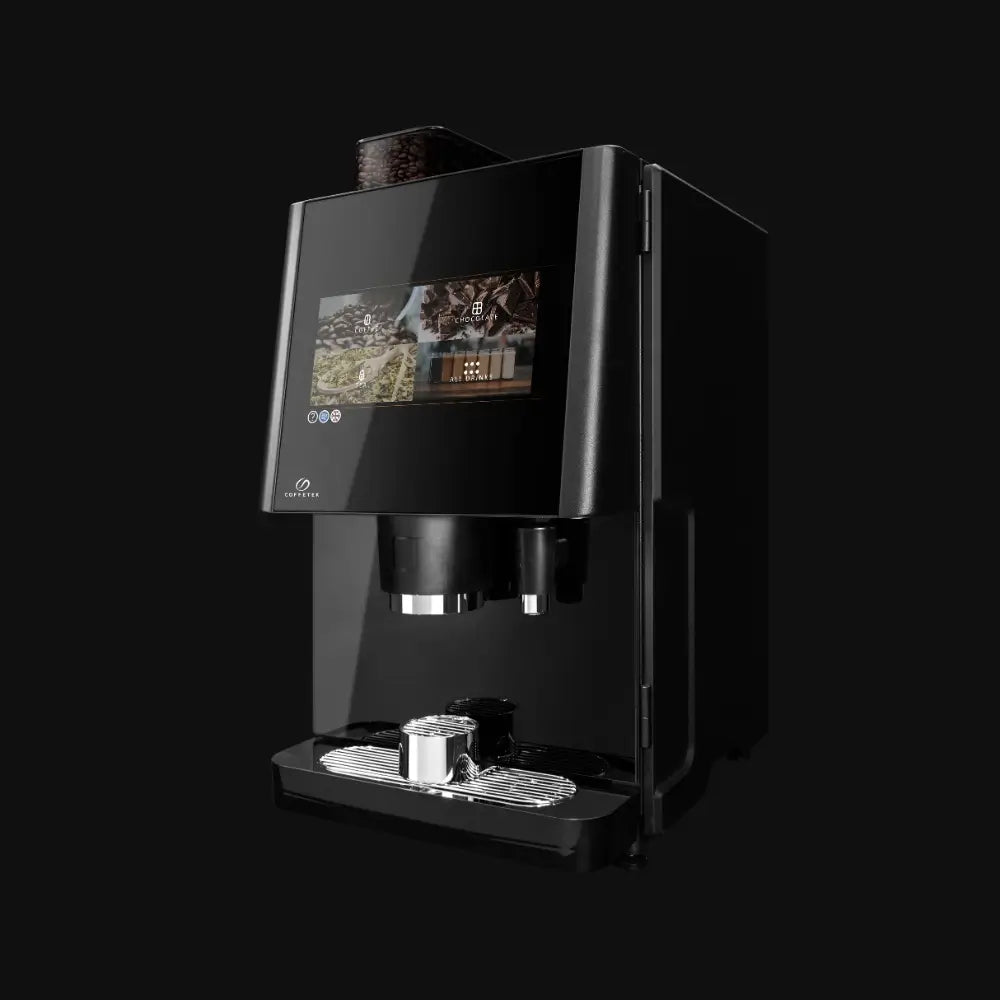 Angled view of Coffetek Vitro Series 3 espresso automatic coffee machine with touchscreen display and bean hopper