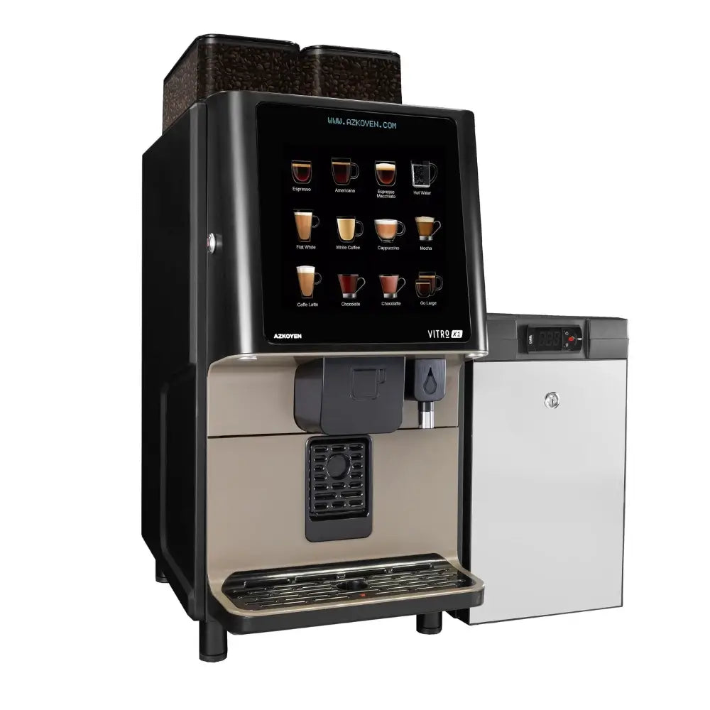Angled left view of the Coffetek Vitro X1 automatic coffee machine with dual bean hoppers and an attached milk fridge