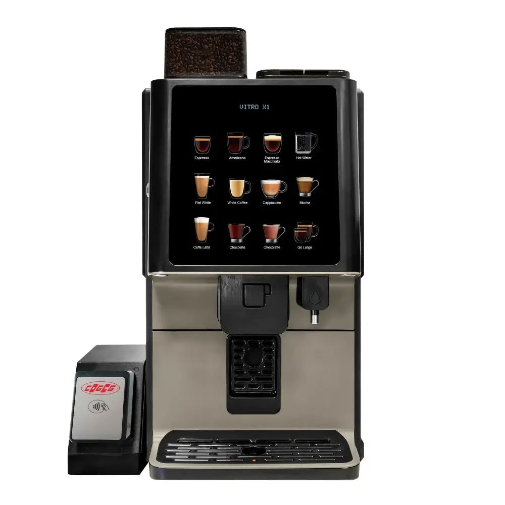 Front view of the Coffetek Vitro X1 automatic coffee machine with payment terminal and bean hopper