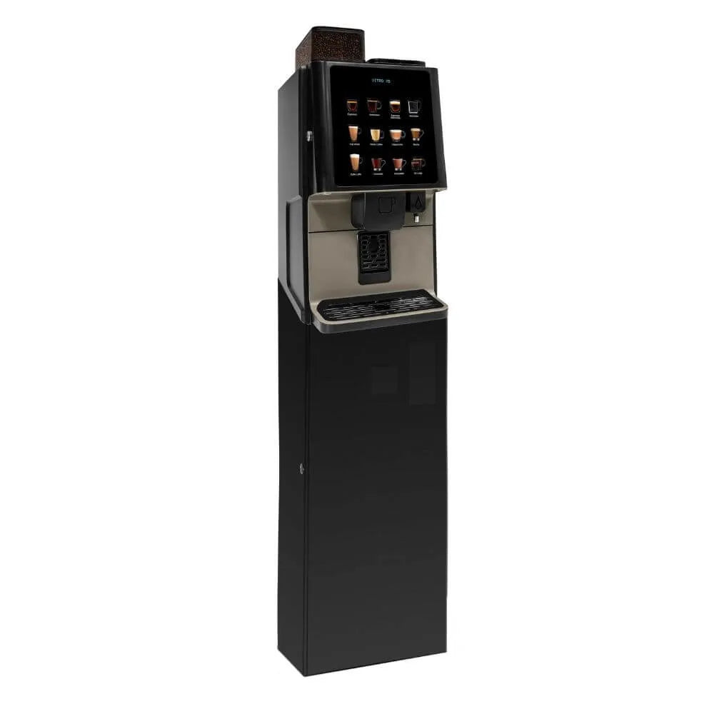 Front view of the Coffetek Vitro X1 coffee machine mounted on a black base cabinet