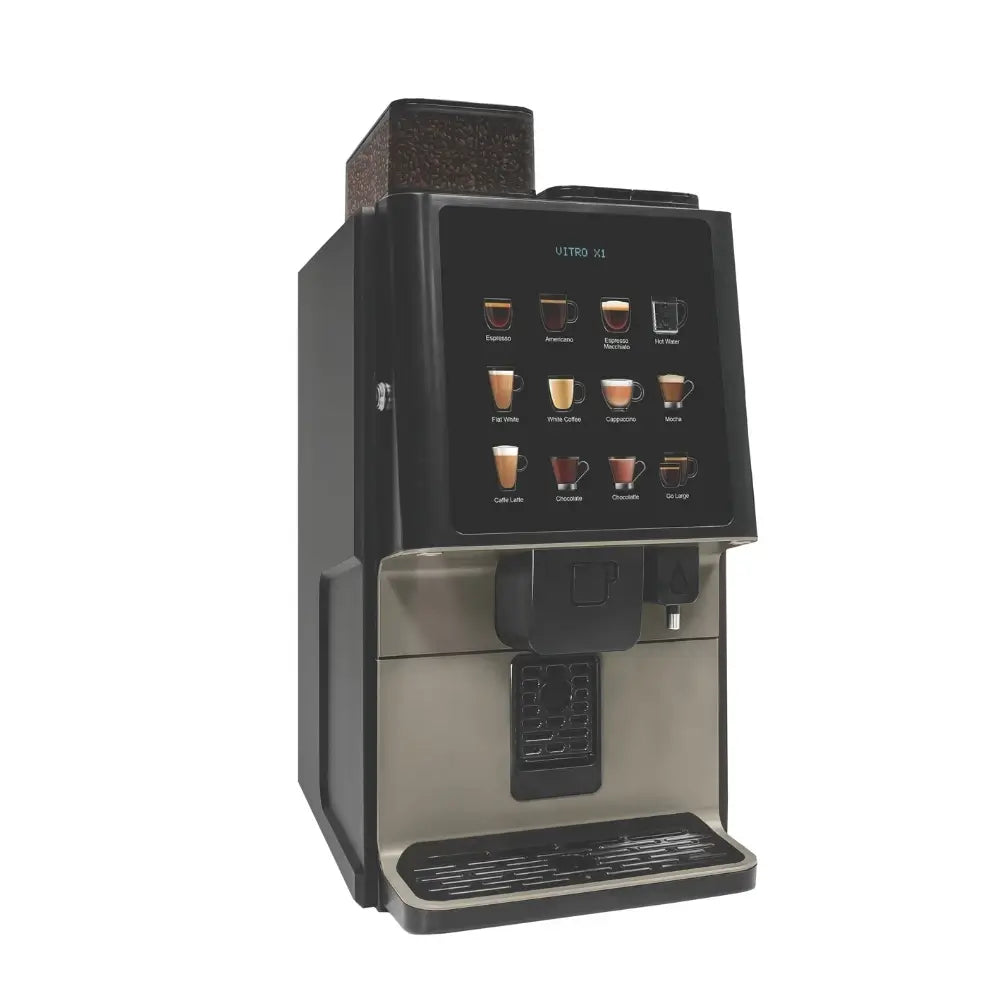 Coffetek Vitro X1 MIA espresso coffee machine angled view with touchscreen and smart milk fridge attached