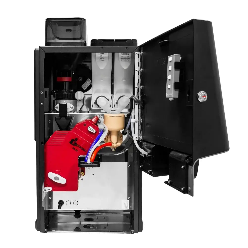 Internal view of Coffetek Vitro X1 MIA espresso machine showing brewing unit, tubing, and ingredient canisters