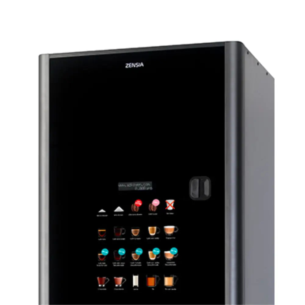 Angled close-up of the Coffetek Zensia interface displaying the touch-sensitive selection menu for espresso, cappuccino, and fresh brew tea.