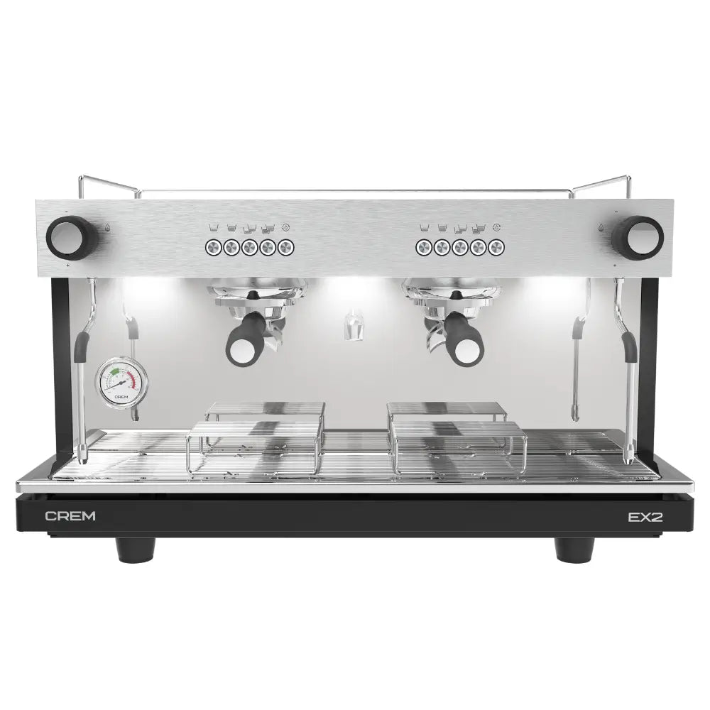 Front view of the CREM EX2 2 Group Control 11.5L espresso machine in Black.