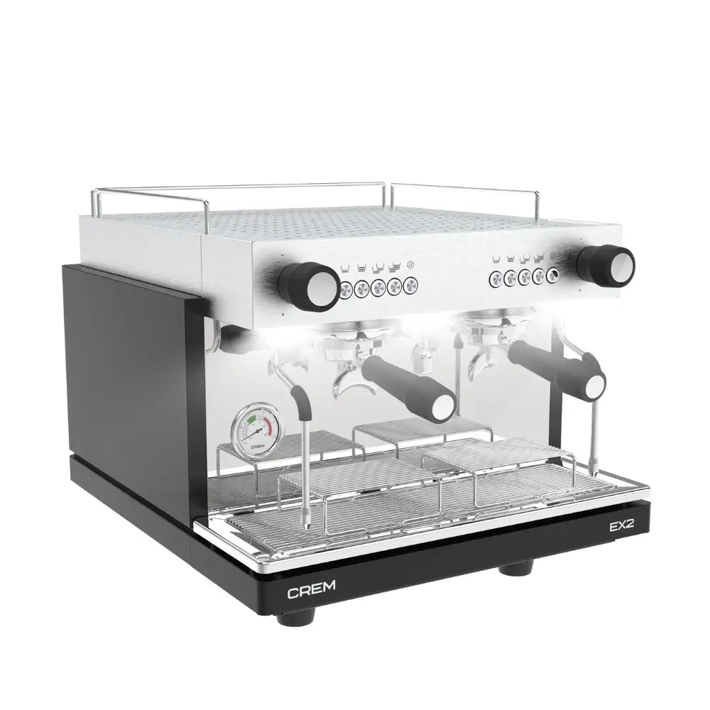 Angled view of the CREM EX2 2 Group Mini espresso machine in Black.