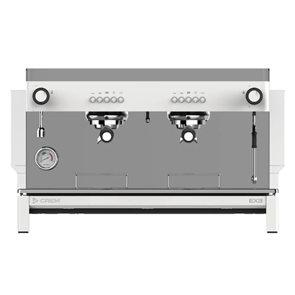 Front view of the CREM EX3 2-group espresso machine with dual portafilters and steam wand