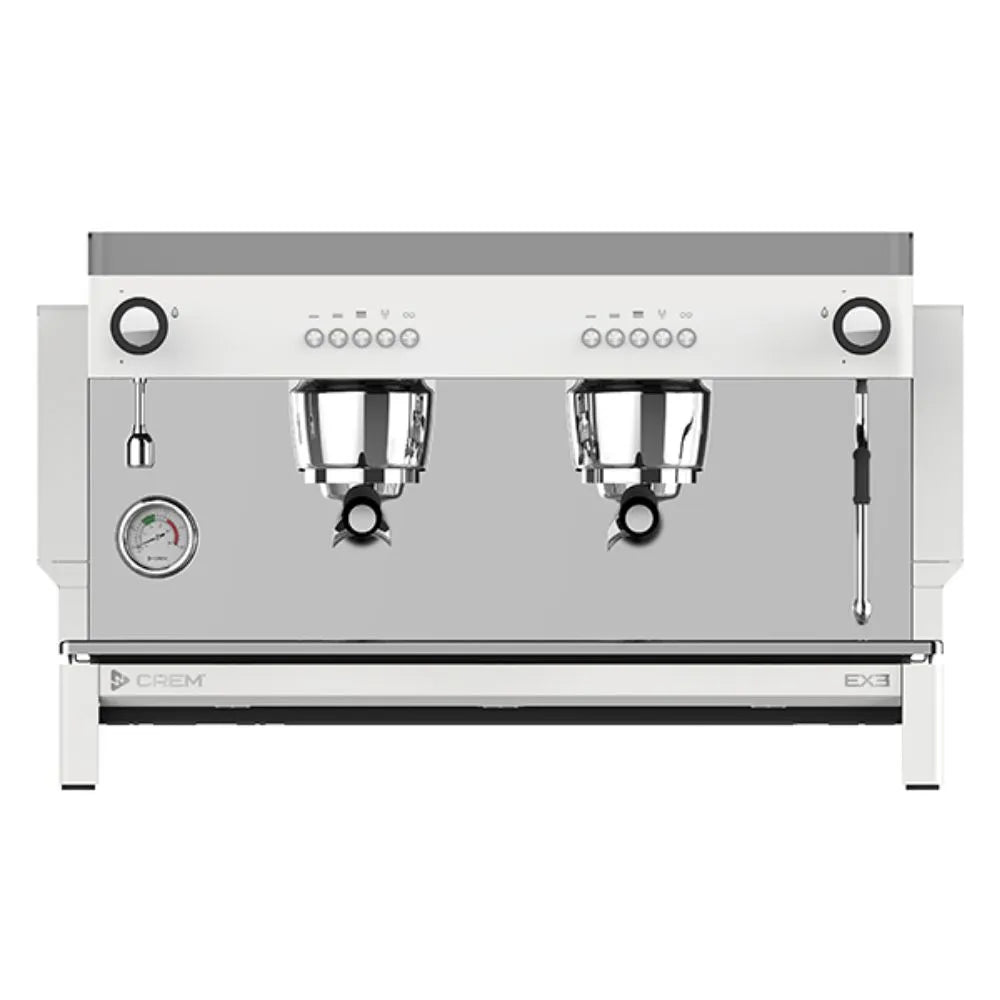 CREM EX3 2-group espresso machine front view without portafilters attached showing group heads and steam wand