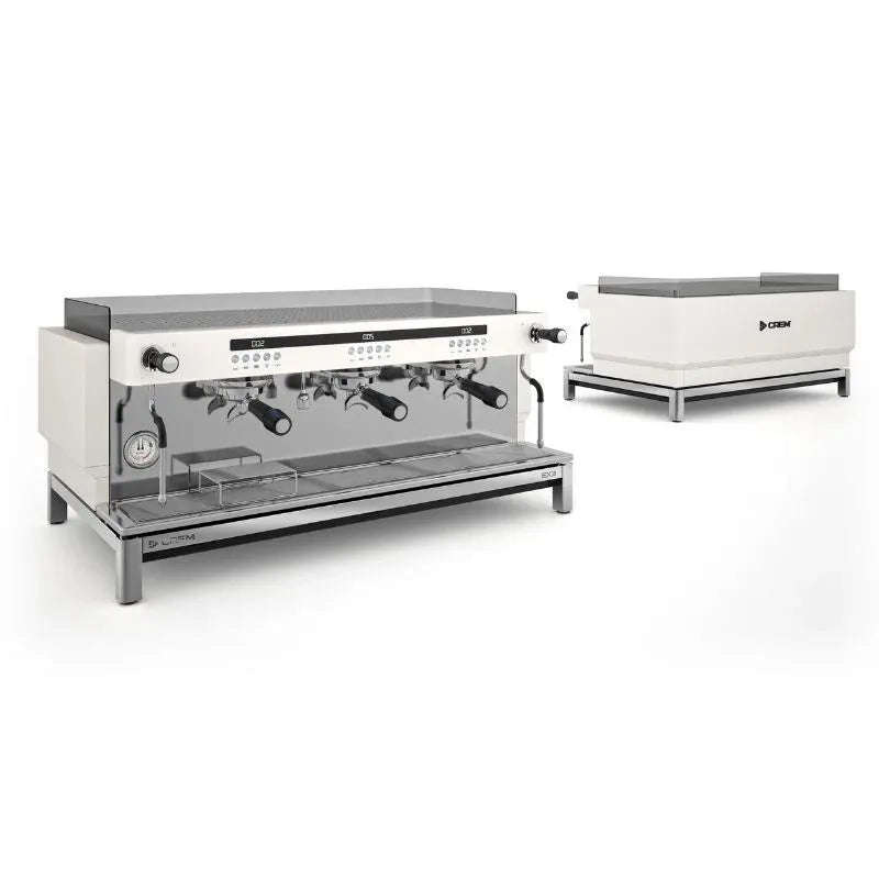 Front and rear view of the CREM EX3 3 group espresso machine takeaway edition in white with display, dual steam wands, and large cup tray