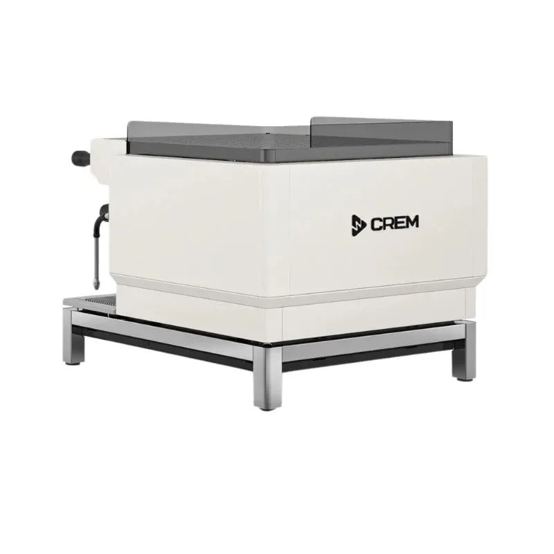 Back angled view of the CREM EX3 Mini 1 group commercial espresso machine in white