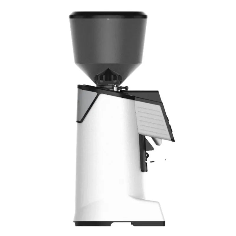 Left view of CREM Pulse 75 on-demand high-speed coffee grinder with digital display in white finish