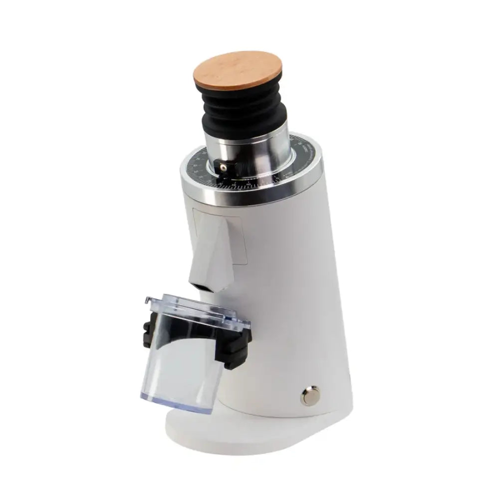 Angled view of DF54 electric coffee grinder in white with grind size dial and clear dosing cup