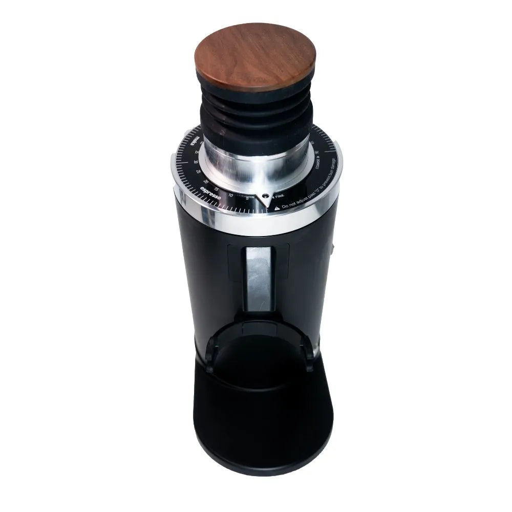 Top view of DF64 Gen 2 black coffee grinder with grind size dial and dosing cup holder