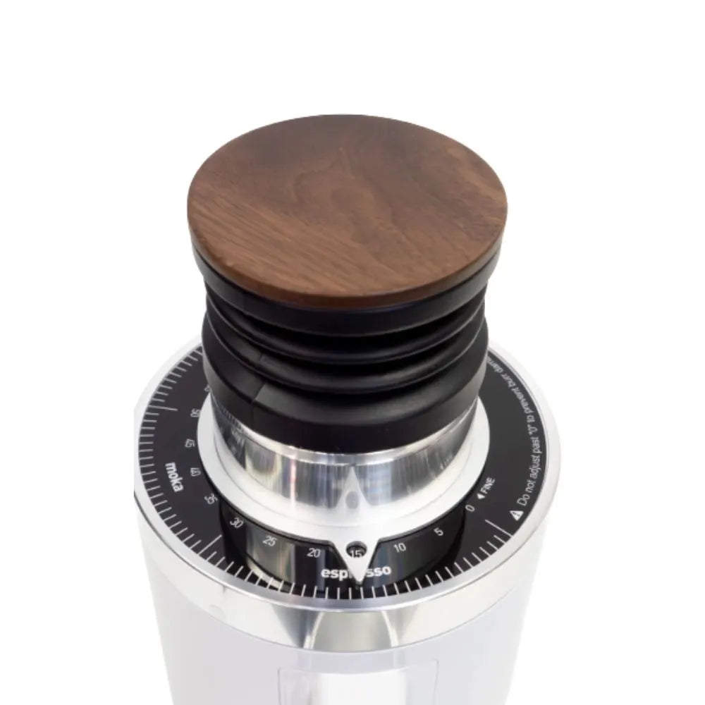 Top view of DF64 Gen 2 coffee grinder showing wooden lid, bellows, and grind size adjustment collar in white