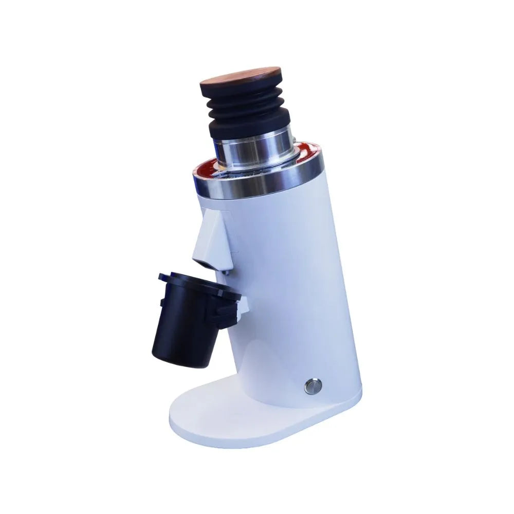 Angled view of DF64 Gen 2 electric coffee grinder in white with dosing cup