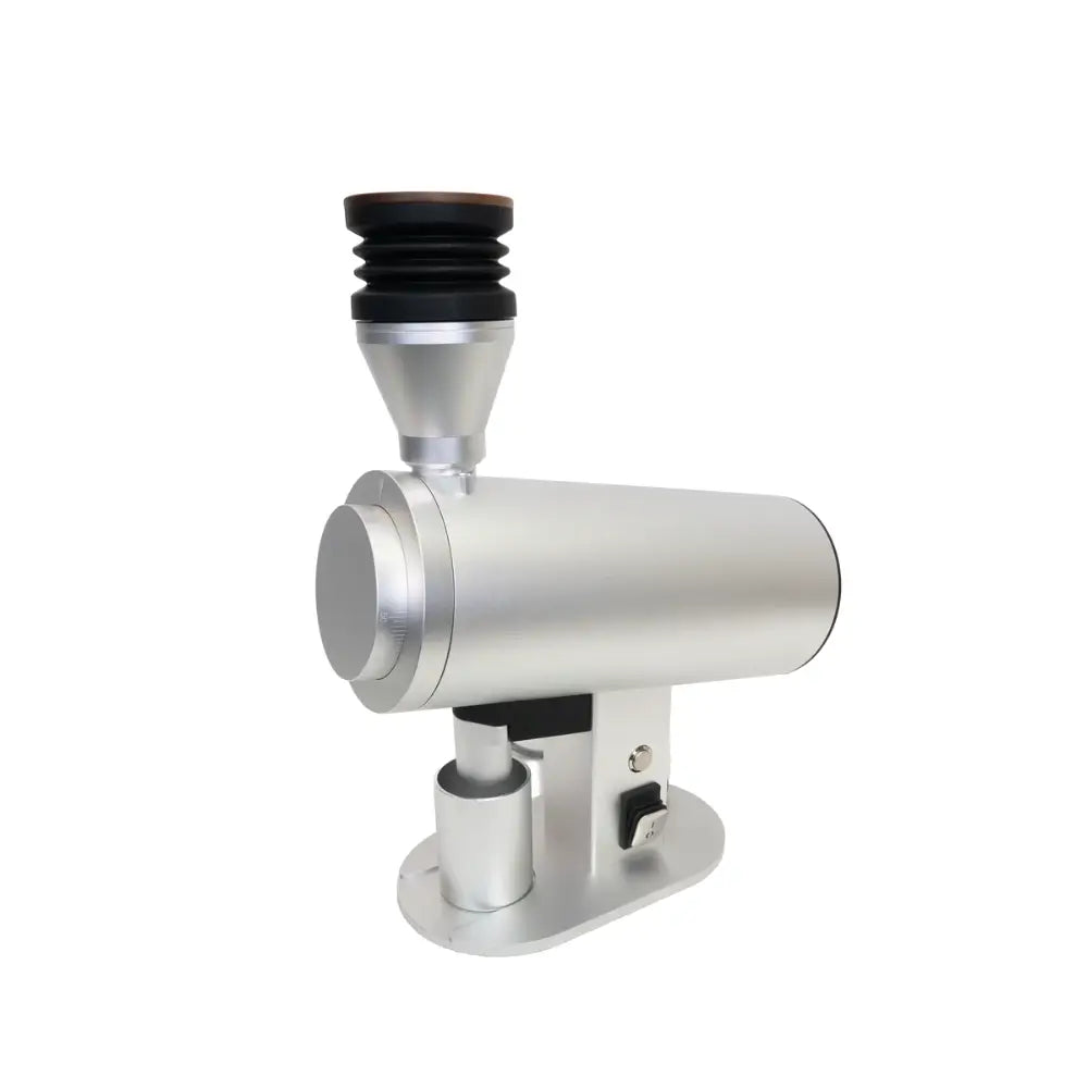 Side view of DF83V single dose electric coffee grinder in white with grind size dial