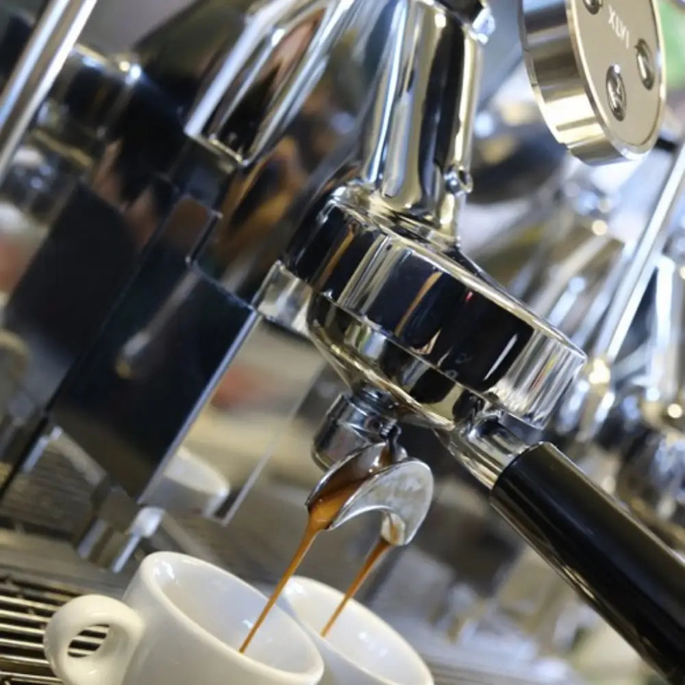 Close-up of espresso shots flowing perfectly into two white cups from the XLVI Steamhammer E's portafilter.