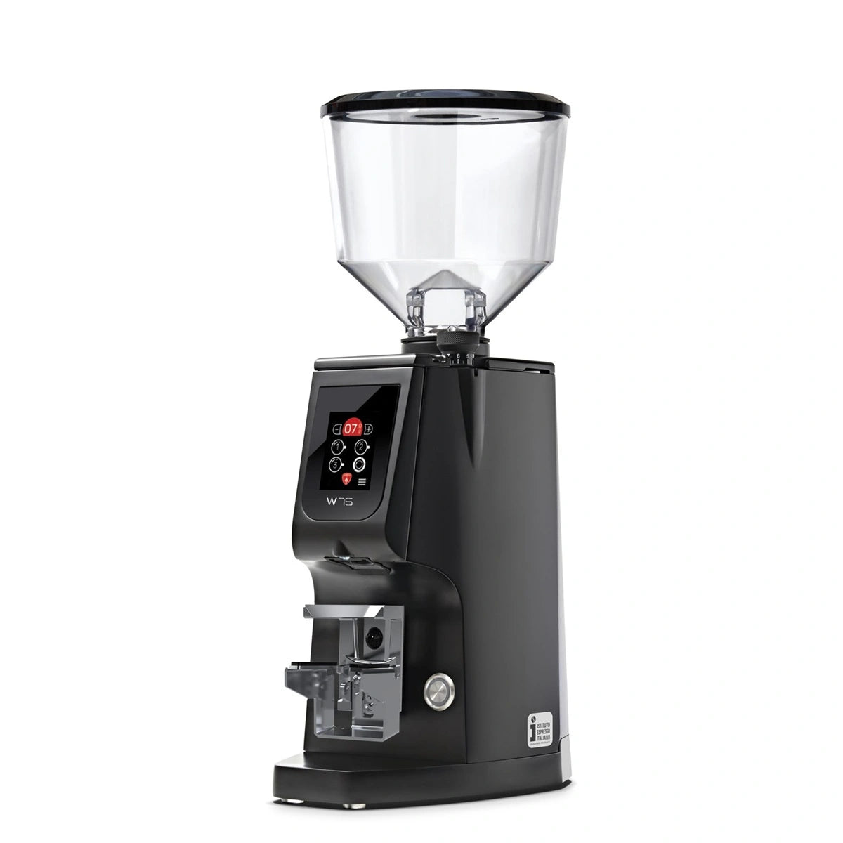 Side view of the Eureka Atom 75W espresso grinder
