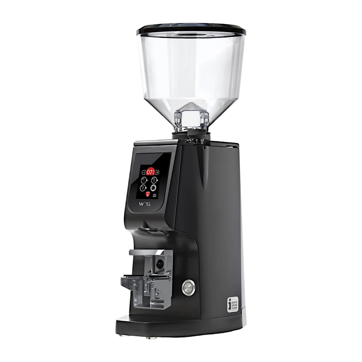 Side view of the Eureka Atom 75W grind-by-weight espresso grinder with touchscreen display