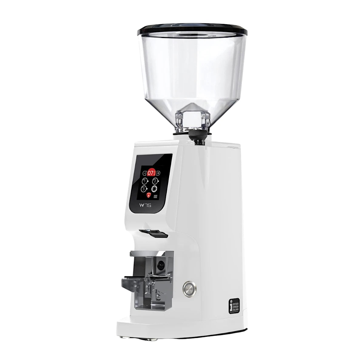 Side view of the Eureka Atom 75W grind-by-weight espresso grinder with touchscreen display